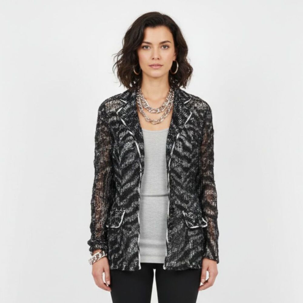 Passion Concept Black & White Lace Long Sleeve Button Up Jacket Blazer M